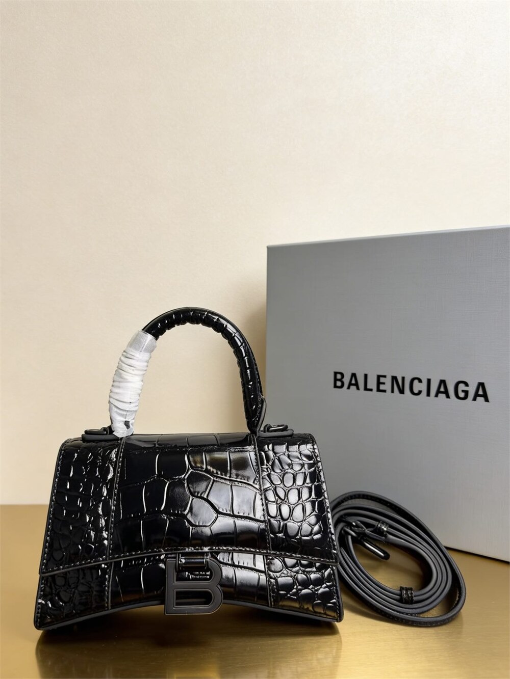 Balenciaga Hourglass XS Black Crocodile Embossed Handbag